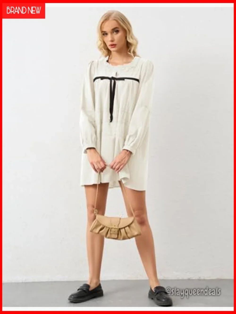 Flowy Long Puff Sleeve Mini Dress Square Neck Lace Babydoll A-line Tunic - Picture 4 of 7